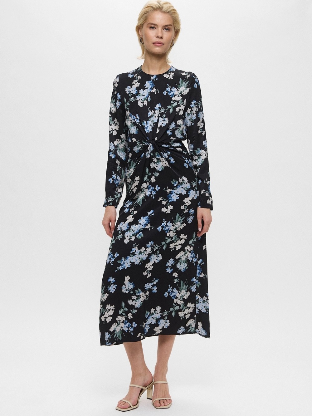 H&M Black Floral Twist-Front Long Sleeve Midi Dress